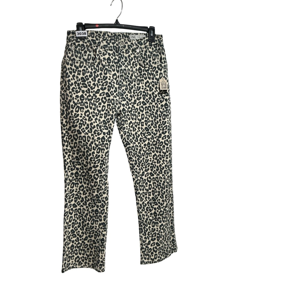Zara Leopard Print Jeans Womens 6 High Rise Straight Leg Animal Print Denim 3038